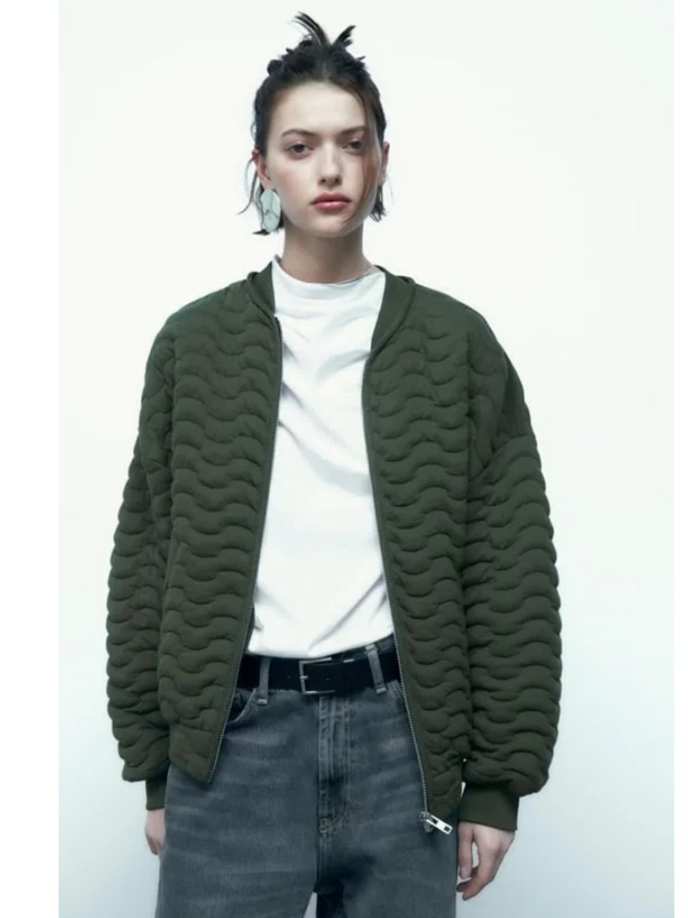 Zara Quilted Bomber Jacket - Olive